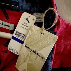 NWT Tommy Bahama partial button up red floral short sleeved shirt.